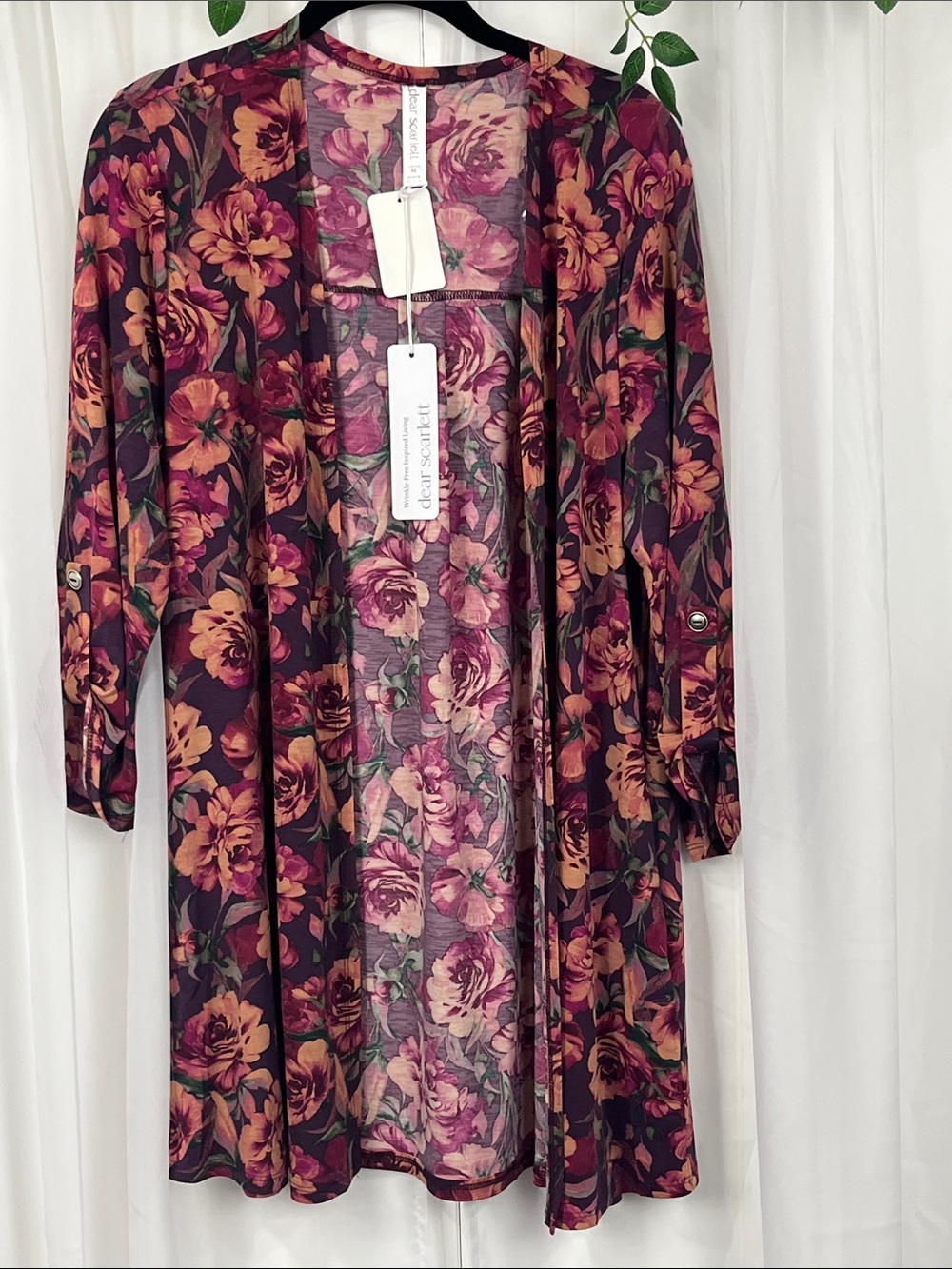 Dear Scarlett Duster/Kimono M Wine Peach Long Lines Open Front 3/4 Roll Tab NWT